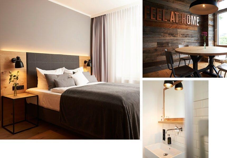 Collage mit drei Bildern, Hotelzimmer mit Bett, Bad  und Workspace