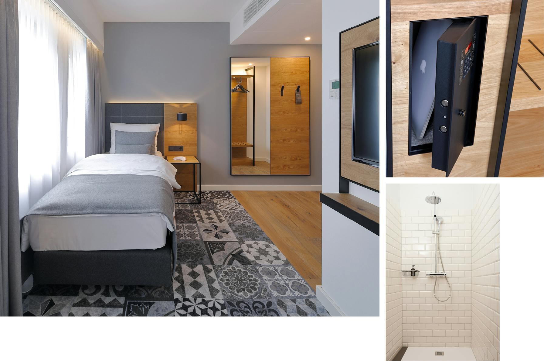 Collage mit Bildern aus dem Einzelzimmer: Bett, Dusche und Safe