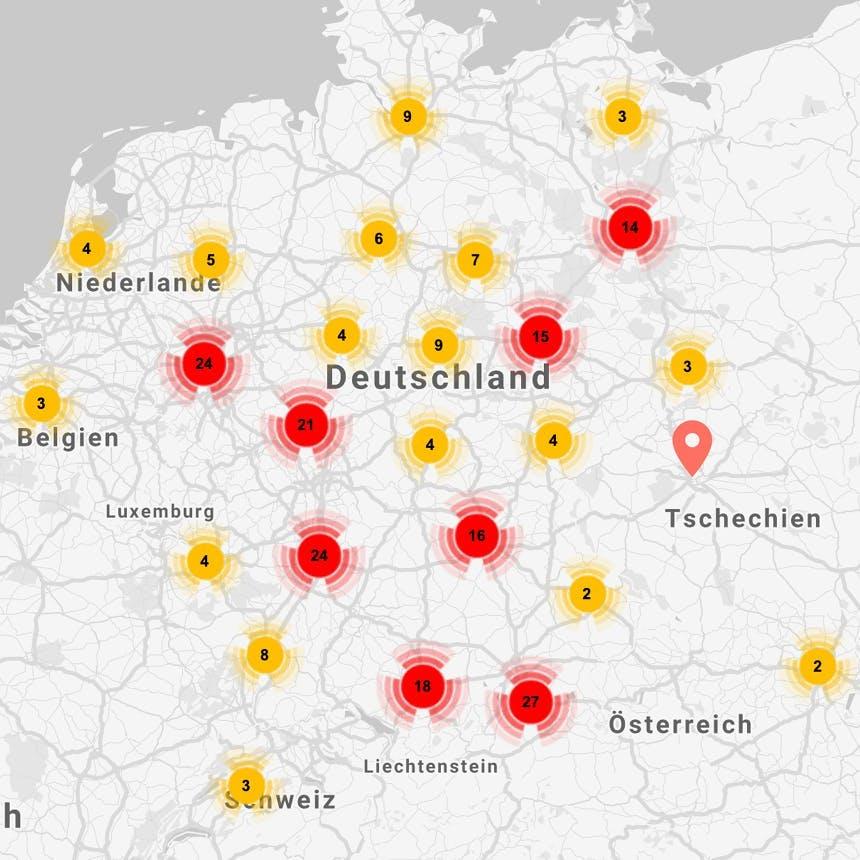 Standorte der Coffee Fellows Filialen in Deutschland auf einer Karte