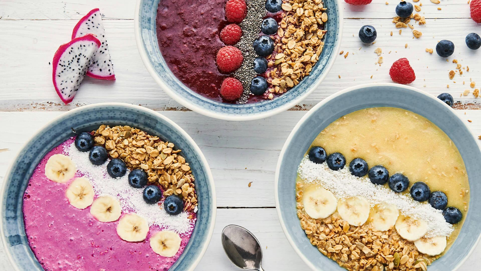 Three different Smoothie Bowls with Toppings